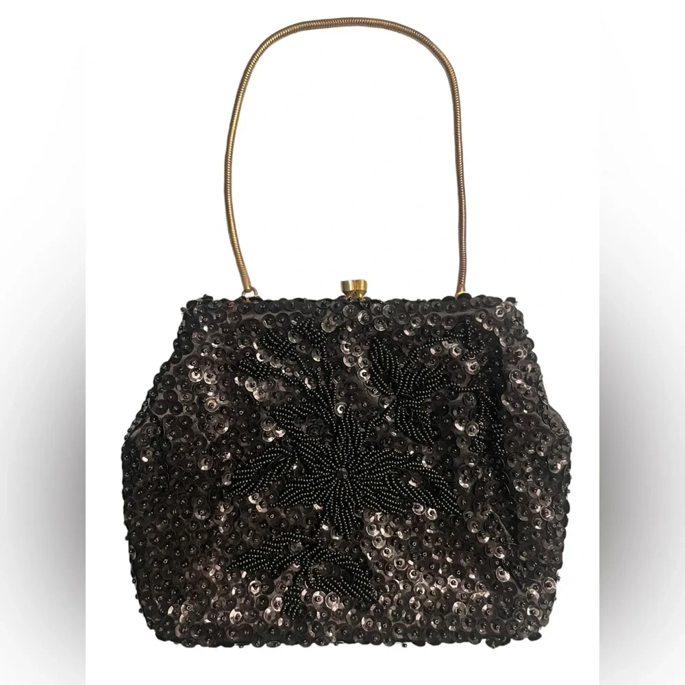 Vintage 50’s Grande Maison Blanche handmade evening clutch beading black gold